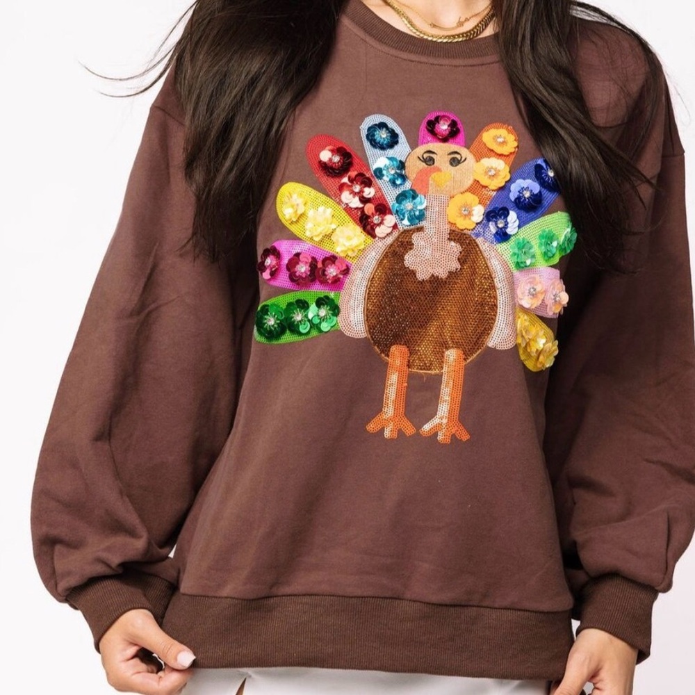 QUEEN OF SPARKLES Colorful Sequin Turkey Sweatshirt - Picture 5 of 15